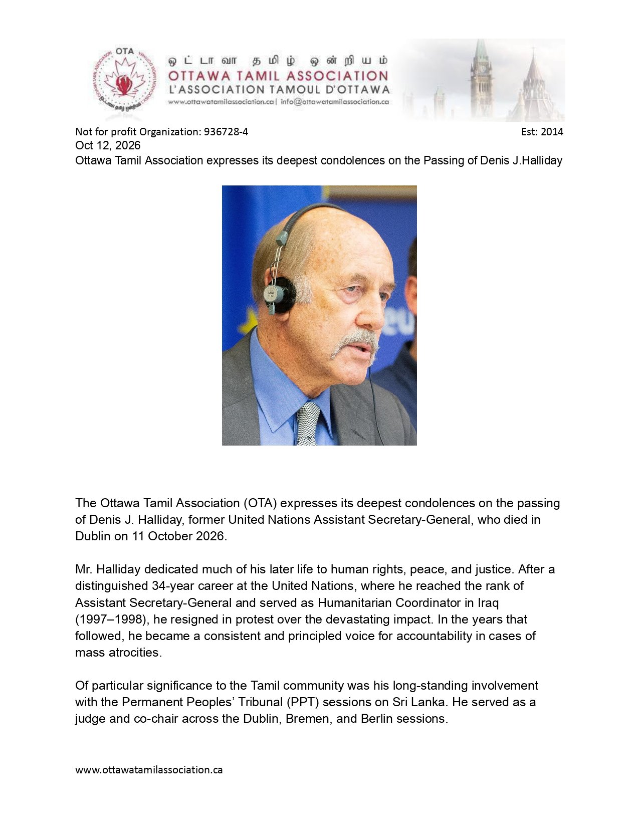 Ottawa Tamil Association expresses its deepest condolences on the Passing of Denis J.Halliday